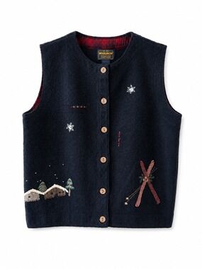 Vintage Woolrich Womenโs Embroidered Ramie Cotton Vest โ Winter Ski Scene Size M